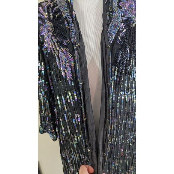 Oilslick rainbow Sequined Beaded long Silk Black Goddess Cardigan Jacket Vintage - Picture 15 of 16